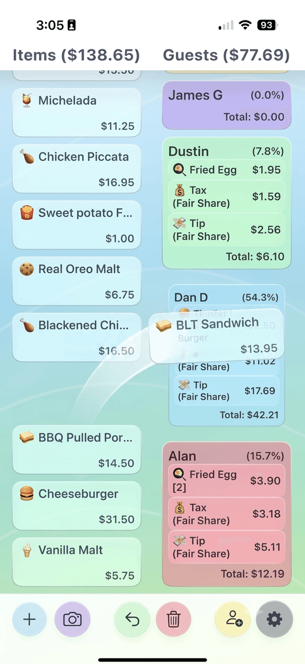 Pareto app: assigning receipt items to friends